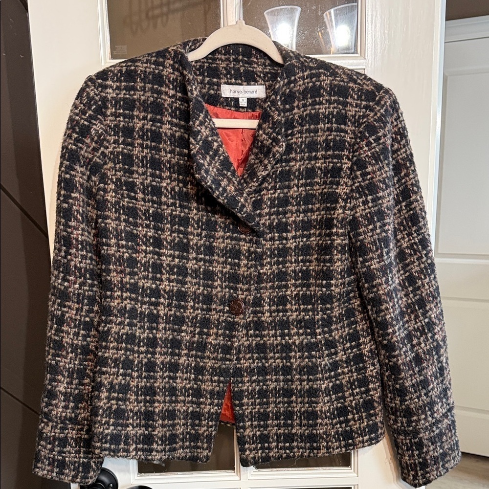 HARVE BENARD Vintage Black Plaid Tweed Wool Alpaca Angora Blend Blazer Size 10